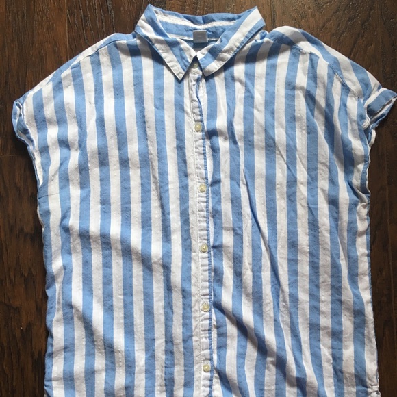 Blue and White striped Button Up Tshirt - Picture 1 of 2